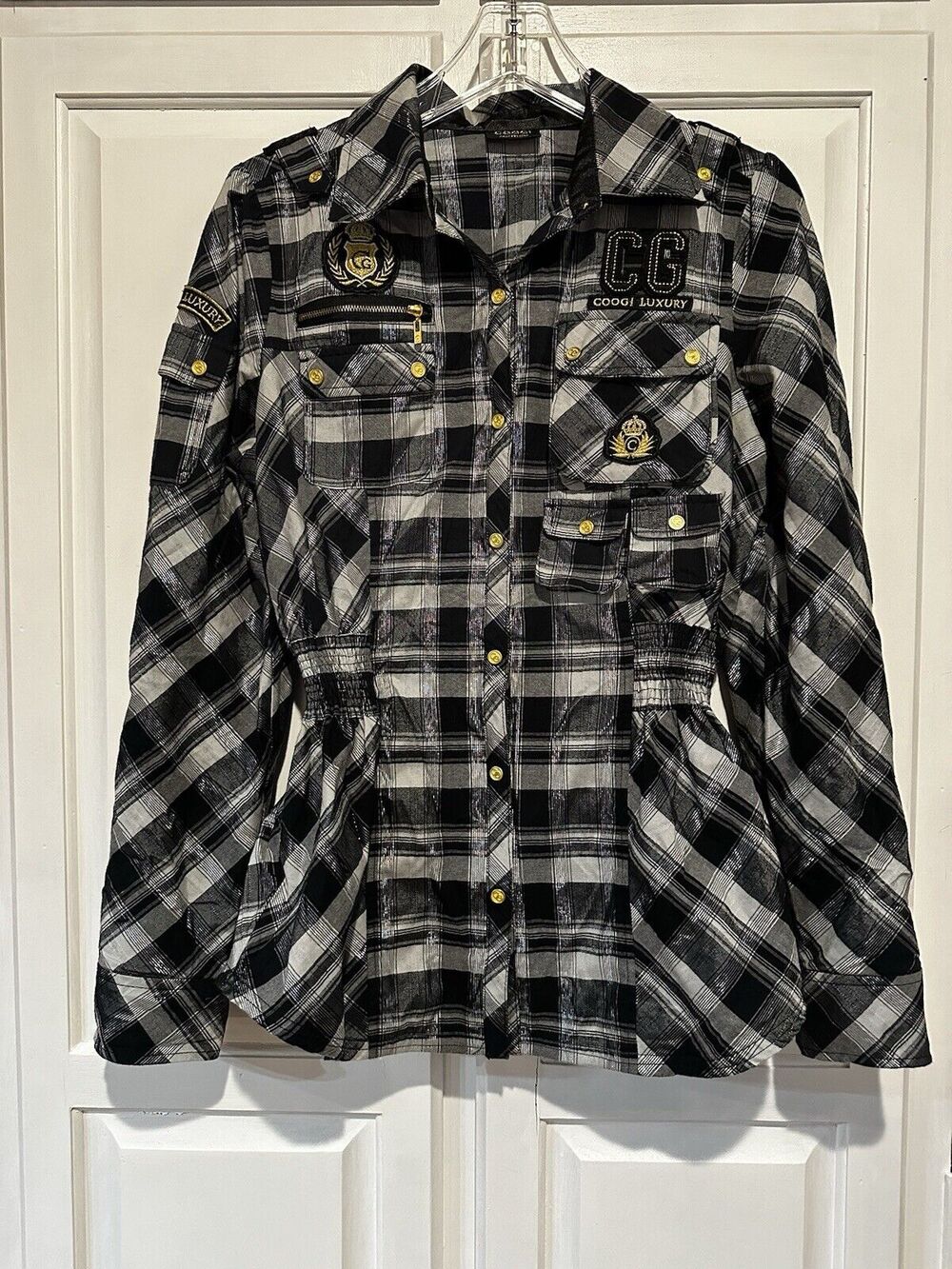 COOGI Women’s Black Embellished Button Shirt Gold Accents Size XL Smocked Waist